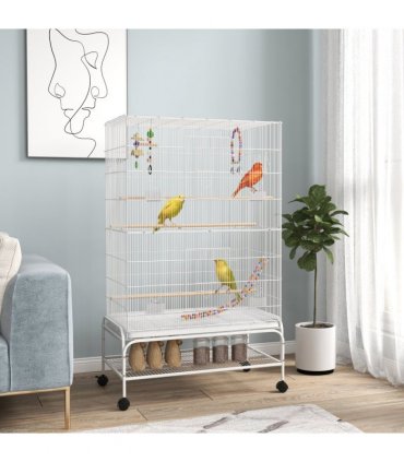 PawHut Bird Cage with Stand, Wheels, Toys, for Budgies, Finches, White