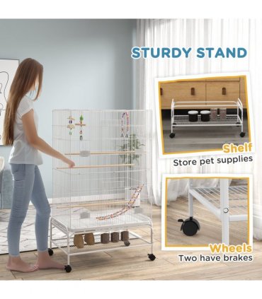 PawHut Bird Cage with Stand, Wheels, Toys, for Budgies, Finches, White