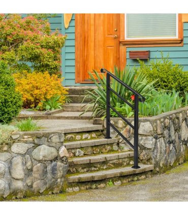 [Same Code：52168185  78675783]Handrails for Outdoor Steps, Wrought Iron Handrail Fits 1 or 3 Steps, Transitional Handrail with Installation Kit, Black