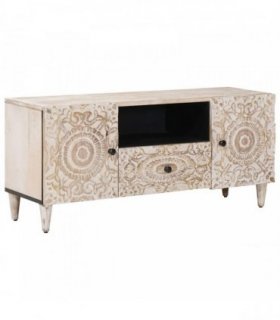 vidaXL TV Cabinet with Door White 105 x 33.5 x 46 cm Solid Mango Wood