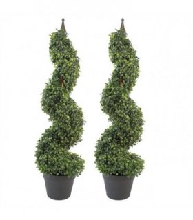 Pair of 90cm (3ft) Tall Artificial Boxwood Tower Trees Topiary Spiral Metal Top