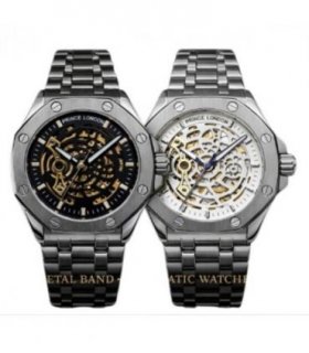 Mens Automatic Metal Hollow mechanical Dial Analogue Metal Bracelet Watch NY London