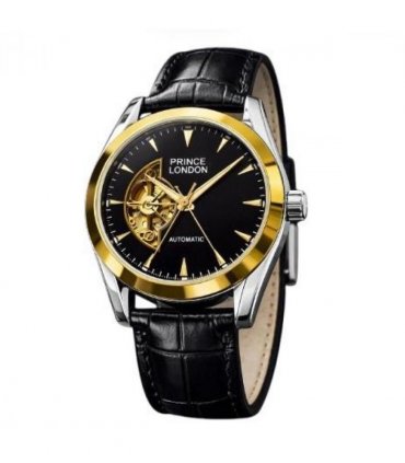 NYL Mens Fashion Automatic Leather Mechanical Round Face Dial Analogue Gold/Black Faux Leather Strap Watch NY London