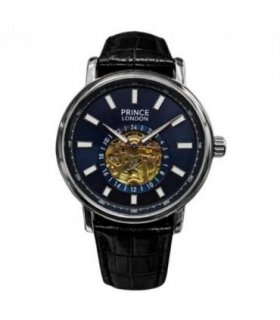 NYL Mens Fashion Automatic Leather Mechanical Round Face Dial Analogue Silver/Blue Leather Strap Watch NY London
