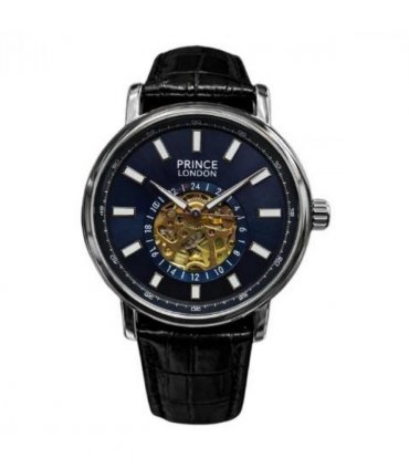 NYL Mens Fashion Automatic Leather Mechanical Round Face Dial Analogue Silver/Blue Leather Strap Watch NY London