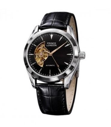 NYL Mens Fashion Automatic Leather Mechanical Round Face Dial Analogue Silver/Black Faux Leather Strap Watch NY London