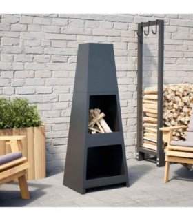 vidaXL Outdoor Fireplace with Log Store Tower Design Black Steel