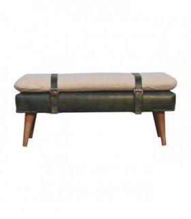 Artisan Furniture Buffalo Hide Olive Green Leather Bench, Upholstered, Cream & Green