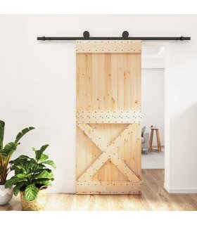 vidaXL Sliding Door Natural and Black 90 x 210 cm Solid Pine Wood