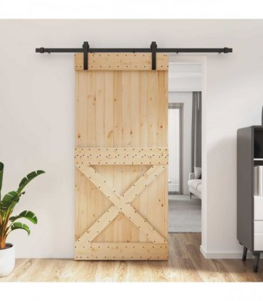vidaXL Sliding Door Natural and Black 95 x 210 cm Solid Pine Wood