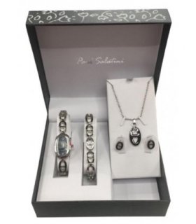 Paul Salatini Ladies Fashion Bling Black Dial Silver Bracelet Watch Bracelet, Necklace & Earrings Gift Sets