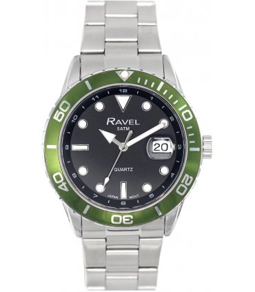 Ravel Mens Fashion Sports 42mm Round 5ATM Dated Dial Uni-Directional Bezel Silver Plated Bracelet Watch RPD-MB