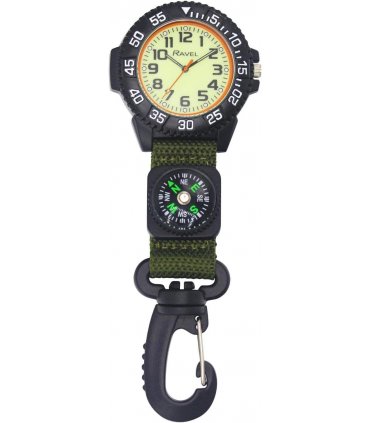 Ravel Mens Fashion Green Nylon Clip-On Carabiner with Compass and Luminous Dial Analogue Watch