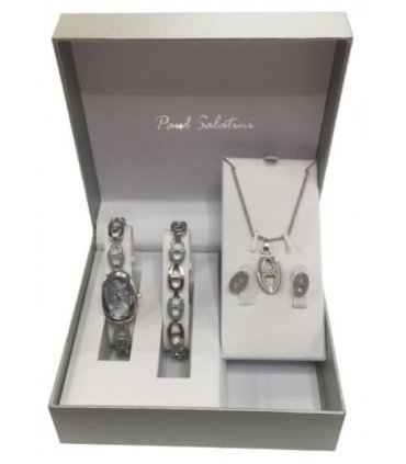 Paul Salatini Ladies Fashion Bling Grey Dial Silver Bracelet Watch Bracelet, Necklace & Earrings Gift Sets
