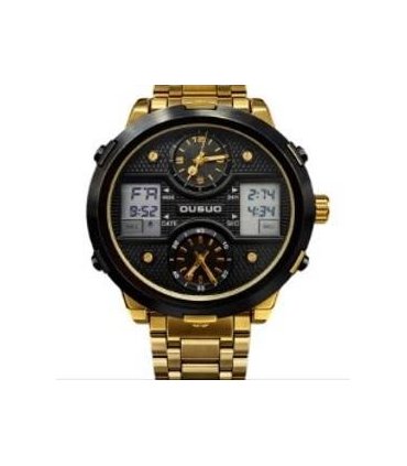 Ousuo Mens Fashion Ana Digital Big Dated Black Dial Gold Plated Bracelet Watch NY London