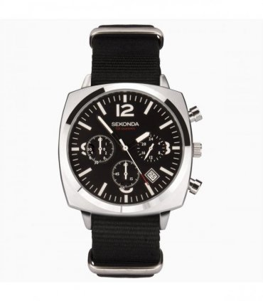 Sekonda Mens Airborne Chronograph Silver Case & Black Canvas Strap with Black Dial Watch 1989