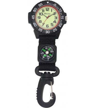 Ravel Mens Fashion Black Nylon Clip-On Carabiner with Compass and Luminous Dial Analogue Watch