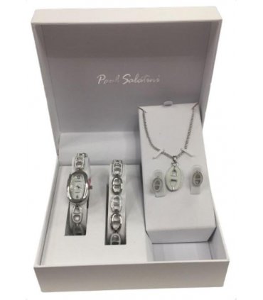 Paul Salatini Ladies Fashion Bling White Dial Silver Bracelet Watch Bracelet, Necklace & Earrings Gift Sets