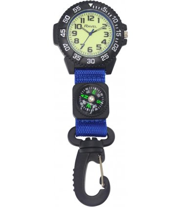 Ravel Mens Fashion Blue Nylon Clip-On Carabiner with Compass and Luminous Dial Analogue Watch