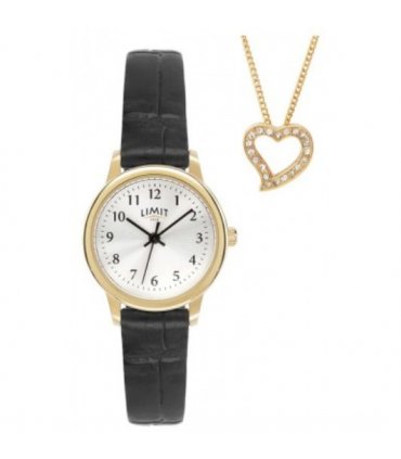 Limit Ladies Limit Black Faux Leather Strap Watch and Gold Pendant