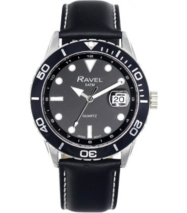 Ravel Mens Fashion Sports 42mm Round 5ATM Dated Dial Rotating Uni-Directional Bezel Black Leather Strap Watch RPD-M