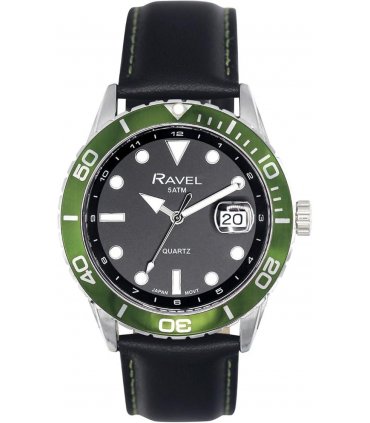 Ravel Mens Fashion Sports 42mm Round 5ATM Dated Dial Rotating Uni-Directional Bezel Black Leather Strap Watch RPD-M