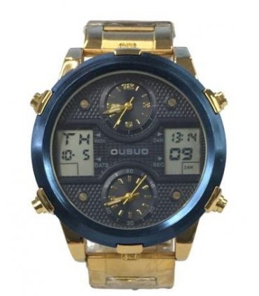 Ousuo Mens Fashion Ana Digital Big Dated Blue Dial Gold Plated Bracelet Watch NY London