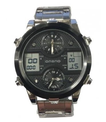 Ousuo Mens Fashion Ana Digital Big Dated Black Dial Silver Plated Bracelet Watch NY London