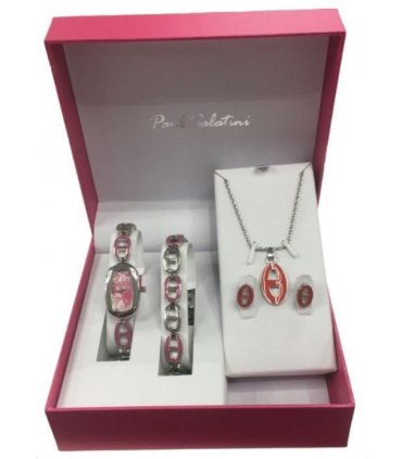Paul Salatini Ladies Fashion Bling Pink Dial Silver Bracelet Watch Bracelet, Necklace & Earrings Gift Sets