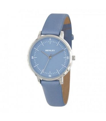 Henley Ladies Minimalistic Polished Round silver tone case Blue Leather Strap Watch H06184.6