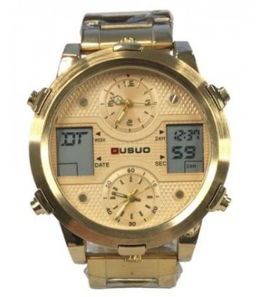 Ousuo Mens Fashion Ana Digital Big Dated Gold Dial Gold Plated Bracelet Watch NY London
