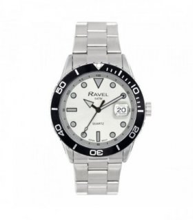 Ravel Mens Fashion Sports 42mm Round 5ATM Dated Dial Uni-Directional Bezel Silver Plated Bracelet Watch RPD-MB