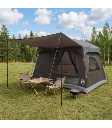 vidaXL Family Tent with Roof Brown Grey 380 x 260 x 190 cm Polyester