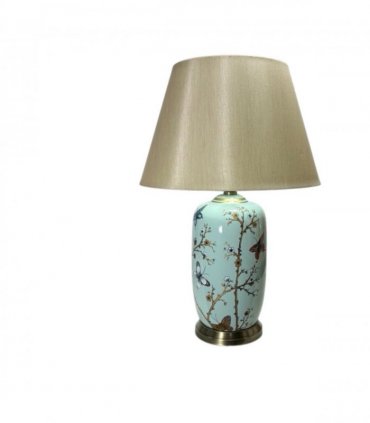 AcaciaHome 44cm Large Floral Ceramic Table Lamp with White Drum Shade, Decorative Bedside & Living Room Lamp, Modern Floral Pattern Ceramic Base, Corded Indoor Lighting for Bedroom, Lounge & Study