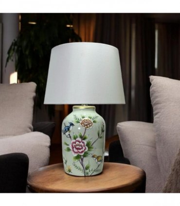 AcaciaHome 44cm Large Floral Ceramic Table Lamp with White Drum Shade, Decorative Bedside & Living Room Lamp, Modern Floral Pattern Ceramic Base, Corded Indoor Lighting for Bedroom, Lounge & Study