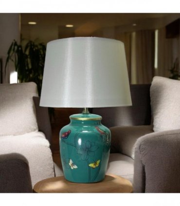 AcaciaHome Modern 39cm Large Floral Ceramic Table Lamp with White Drum Shade, Bedside Table Lamp, Floral Pattern Ceramic Base, Corded Indoor Light for Bedroom, Living Room, Study & Dining Room
