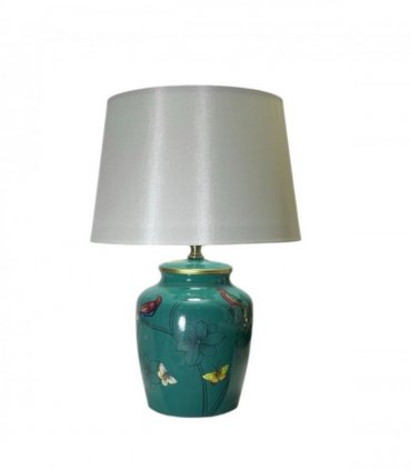 AcaciaHome Modern 39cm Large Floral Ceramic Table Lamp with White Drum Shade, Bedside Table Lamp, Floral Pattern Ceramic Base, Corded Indoor Light for Bedroom, Living Room, Study & Dining Room