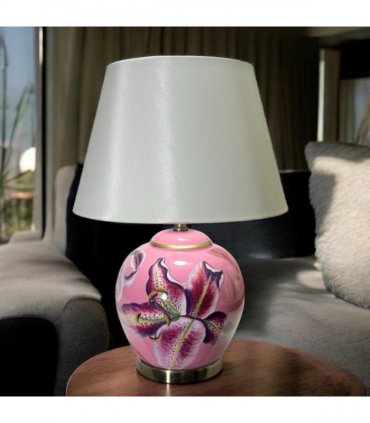 AcaciaHome Durable 40cm Floral Ceramic Table Lamp with White Drum Shade, Decorative Oriental Pattern Bedside Lamp, Modern Floral Design for Living Room, Bedroom, Dining Room & Study