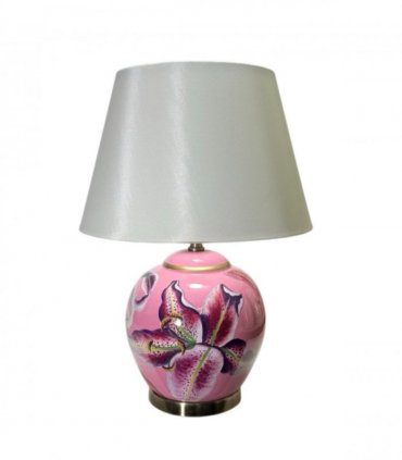 AcaciaHome Durable 40cm Floral Ceramic Table Lamp with White Drum Shade, Decorative Oriental Pattern Bedside Lamp, Modern Floral Design for Living Room, Bedroom, Dining Room & Study