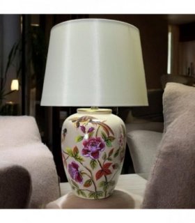 AcaciaHome Modern 51cm Floral Ceramic Table Lamp with White Drum Shade, Large Oriental Pattern Bedside Lamp, Decorative Ceramic Table Light for Living Room, Bedroom, Dining Room & Study