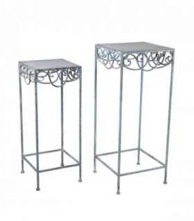 AcaciaHome Durable Blue & Gold Square Plant Pot Table Set of 2 – Metal Nesting Planters with Stand, Art Deco Floral Design, Weather-Resistant Indoor Outdoor Decor, Balcony & Home Display