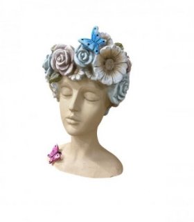 AcaciaHome Modern 42cm Fibreglass Easter Island TIKI Lady Head Planter, Unique Floral & Butterfly Plant Pot, Durable Weather-Resistant Indoor Outdoor Use for Patio Balcony Living Room (Cream & Gray)