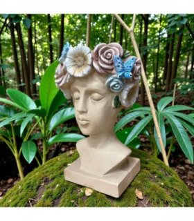 AcaciaHome Modern 42cm Fibreglass Easter Island TIKI Lady Head Planter, Unique Floral & Butterfly Plant Pot, Durable Weather-Resistant Indoor Outdoor Use for Patio Balcony Living Room (Multicolour)