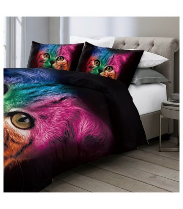 Cat Bedding for Kids Girls Boys Cute Colorful Cat Pattern Quilt Cover Bedspread 3 Piece Bold Color Black Animal Duvet Cover Set for Single Bed