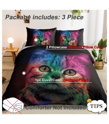 Cat Bedding for Kids Girls Boys Cute Colorful Cat Pattern Quilt Cover Bedspread 3 Piece Bold Color Black Animal Duvet Cover Set for Single Bed