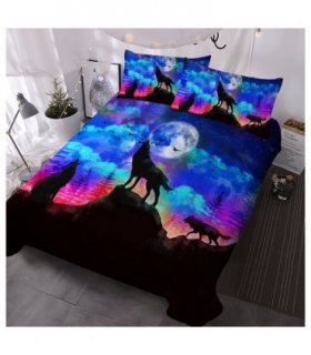 Moon Wolf Duvet Cover Set Double 3pcs Colorful Microfiber Kids Bedding Set