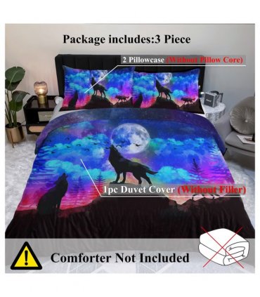 Moon Wolf Duvet Cover Set Double 3pcs Colorful Microfiber Kids Bedding Set