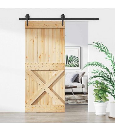 vidaXL Sliding Door Natural and Black 90 x 210 cm Solid Pine Wood
