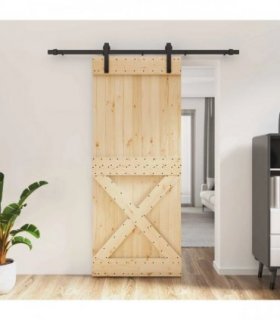 vidaXL Sliding Door Natural and Black 85 x 210 cm Solid Pine Wood