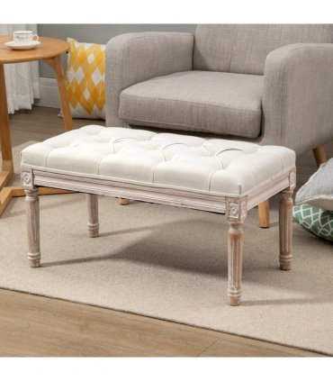 Bench Tufted Upholstered Foot Stool Linen-Touch Fabric Beige 159H x 50L x 37Wcm